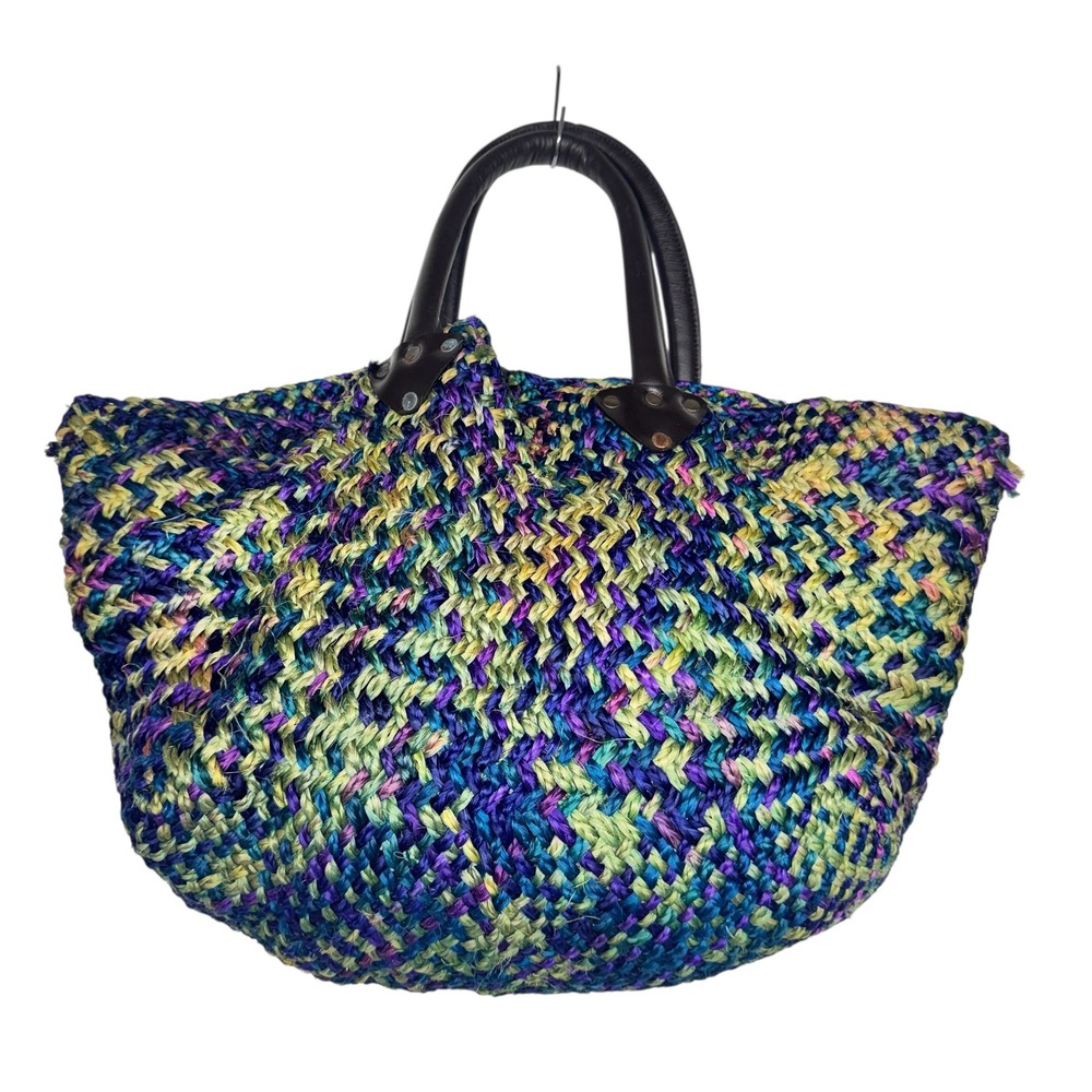 Chico's Woven Straw Tote Bag Multi-Color Blue Green Purple Boho Beach Handbag
